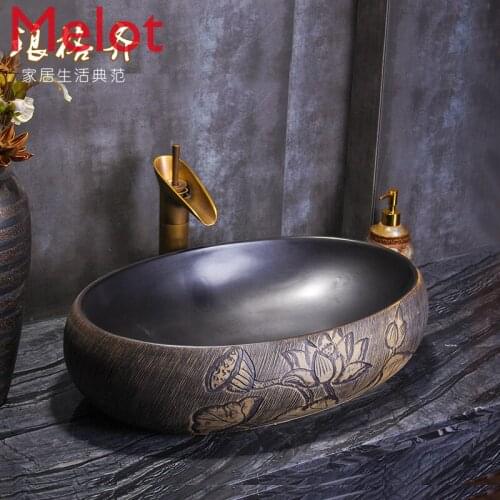 Retro Table Basin Wash Basin Wash Basin Ceramic Wash Basin Toilet Art Pot Lotus Leaf Black Glaze