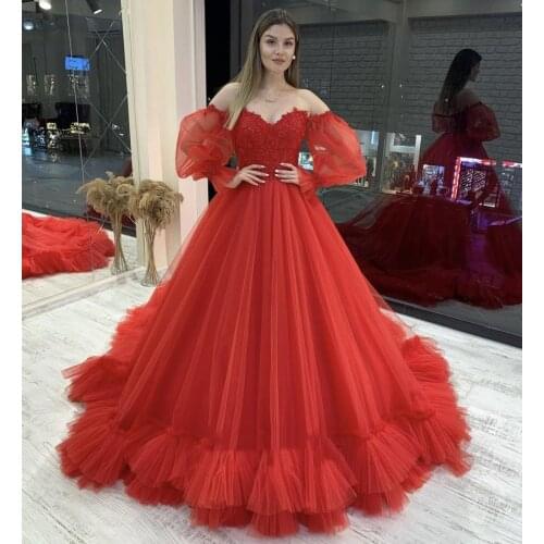 Gorgeous Red Wedding Dresses Off the Shoulder Long Puffy Sleeves Appliques Lace Pleated Tulle Bridal Gowns Vestido De Noiva