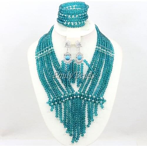 Nigerian Wedding Crystal Beads Jewelry Set Teal Blue African Costume Bridal Beads Necklace Jewelry Set Free Shipping AMJ333
