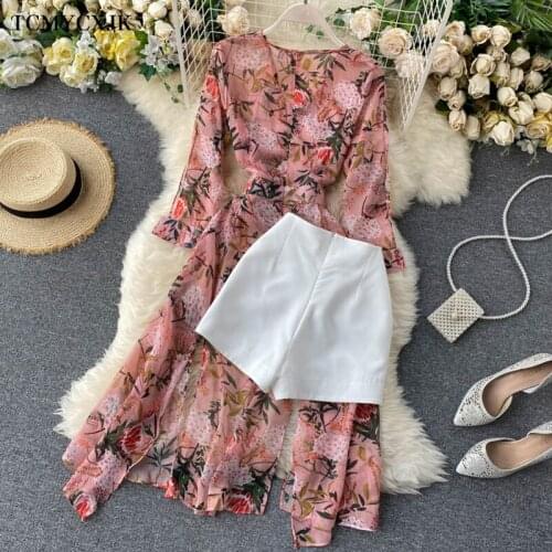 2021 Summer Womens Tracksuit Irregular Long Chiffon Shirt+High Waist Shorts Sets Fashion Tracksuits Womens Two Piece Set Women