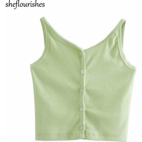 2021 Summer v neck tops women korean crop top vintage knit top solid button up tops white black camis cute cropped top green