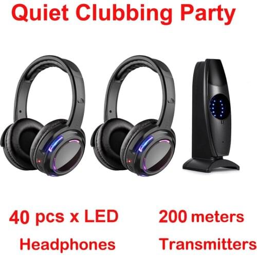 Silent Disco complete system black led wireless headphones - Quiet Clubbing Party Bundle (40 Headphones + 1 Transmitter)