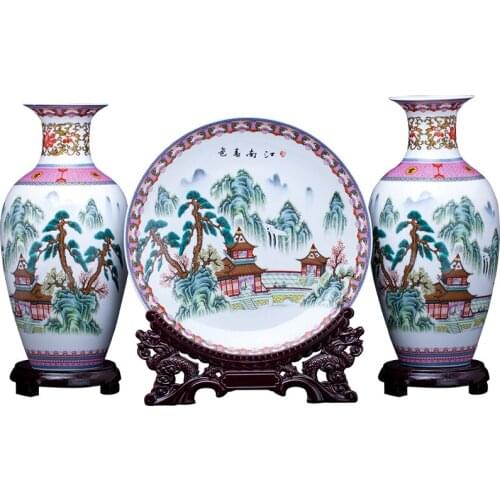Jingdezhen three piece set of ceramics Vase Decoration Chinese style home decoration living room wine cabinet decoration vases
