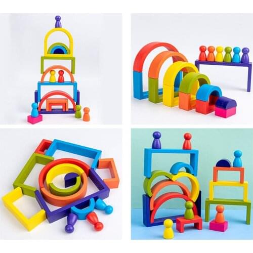 Kids Wooden Toys Creative Rainbow Blocks Geometric Building Blocks House Montessori Educational Stacker Wooden Toys Gifts
