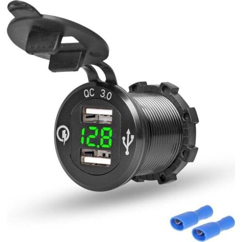 DIY 5V 1.5A + QC 3.0 + Voltmeter Dual USB Charger Aluminum alloy Metal Waterproof for 12V/24V Car RV Boat UTV ATV Motorcycle