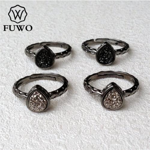 FUWO Drop Shaped Druzy Rings With Black Gun Plated Fashion Brass Bezel Geode Rings Adjustable Size Wholesale RG012