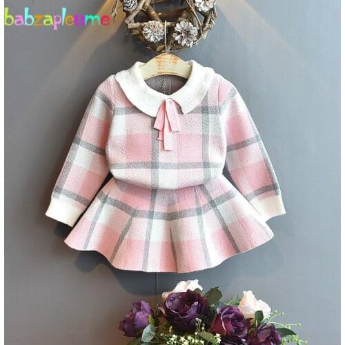 2Piece Spring Fall Toddler Outfit Kids Clothing Sets Korean Fashion Plaid Baby Girls Knitted Sweater+Skirt Children Clothes 1998