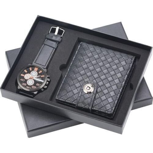 Cool Mens Watch Set Black Quartz Roman Numeral Dial Durable Buckle Classic Grid Leather Wallet Practical Male Gift Sets with Box