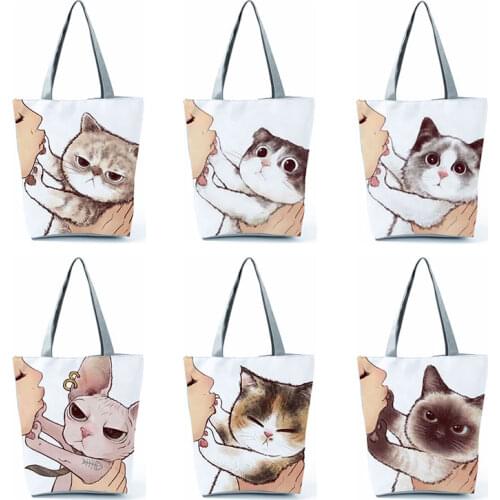 Kissing Cat Print Handbag Reusable Shopping Bag Casual Tote Bag High Capacity Beach Bag Portable Shoulder Bag Lovely Womens Bag