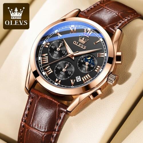 New 2021 OLEVS Mens Watch Fashion Retro Waterproof Quartz Watch Mens Brand Luxury Leather Strap Chronograph Sports Clock Male