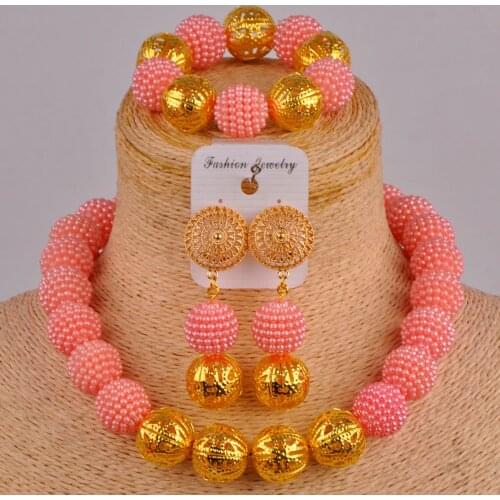 Peach african beads jewelry set simulated pearl nigerian wedding necklace set bridal party jewelry sets FZZ88