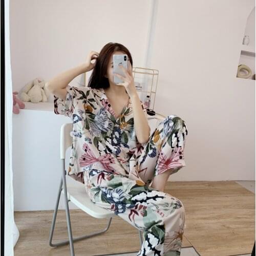 Short-sleeve Long Pants Pajamas Set Women Spring and Summer Newest Home Service Printing Clothes 2PCS Pyjamas For Women