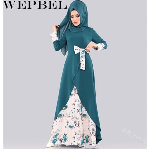 WEPBEL Muslim Women Dress Abaya Islamic Arabic Bow Casual Slim Flower Floral Full Sleeve Ladies Dresses