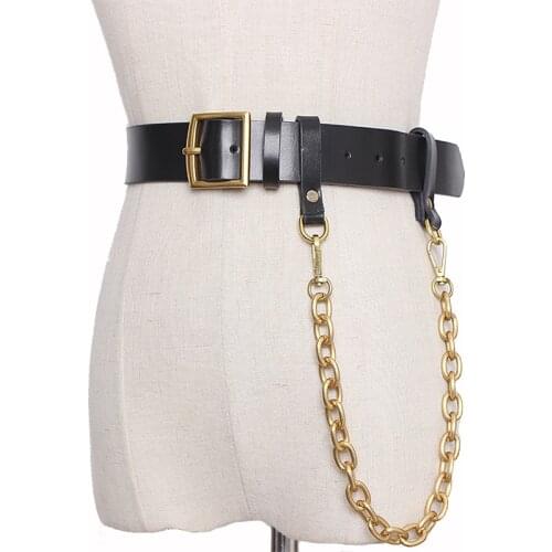 2020 New Gold Color Metal Chain With Belt Fashion Leather Belts For Women Punk Chain Belt Unisex Waistband Black Wide Belt Dress