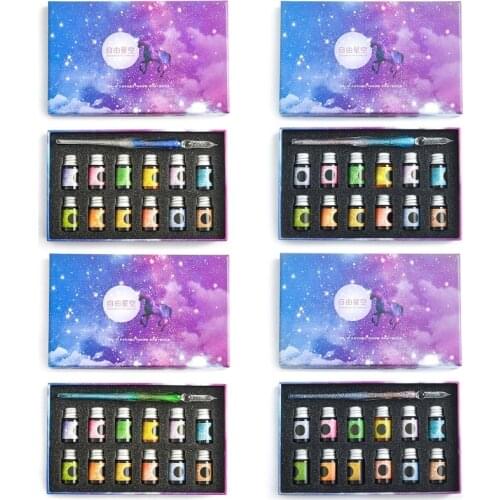 Crystal Glass Pen Starry Sky Dip Pen Glitter Powder Fountain Pen 12 Colors Ink Gift Box Set Writing Supplies3