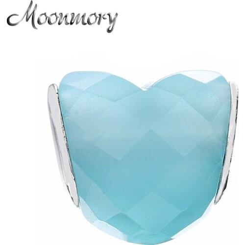 Moomory 925 Sterling Silver 2020 Summer Blue Shape Of Love Heart Charm Scuba Crystal Zircon Glass Charms Fit Original Bracelet