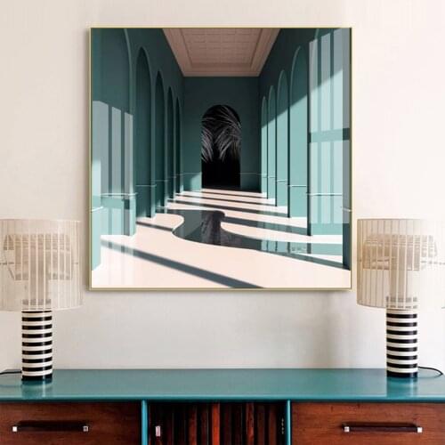 Modern Trendy Green Dream Like Architectural Space Canvas Painting Wall Art Poster and Print Gift Picture Living Room Home Decor