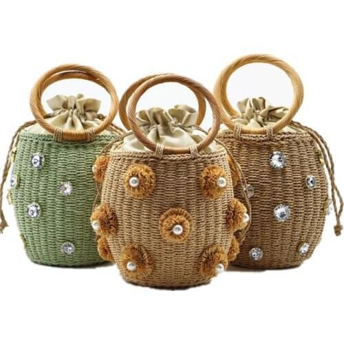 Fashion flower pearls rattan buckets bag for women luxury design diamonds wicker woven handbags summer beach straw large totes