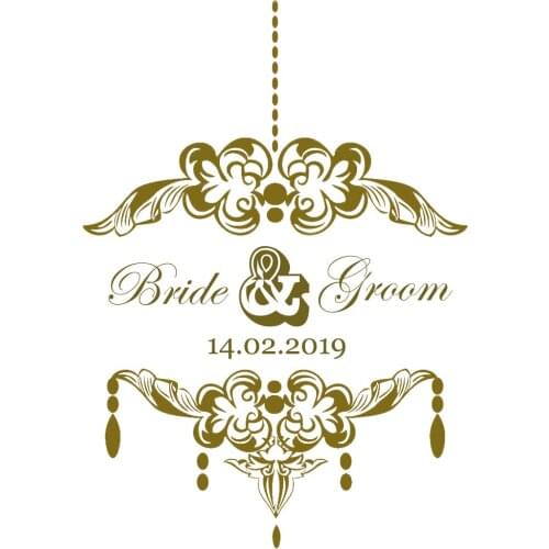 Vintage Style Wedding Decals Custom Bride & Groom Name Chandelier Form personalised Wedding Wall Or Floor Decor Stickers LC1243