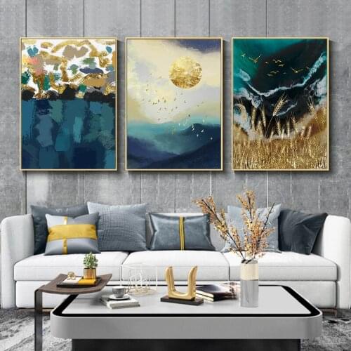 Dark Green Geometric Ocean Golden Wheat Landscape Oil Painting Wall Art Abstract Canvas Paintings for Home Decorative Picture