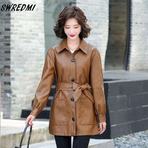 SWREDMI Women Windbreaker PU Leather Jacket Streetwear Fashion Female Long Faux Leather Coat Spring Autumn Clothing With Belt