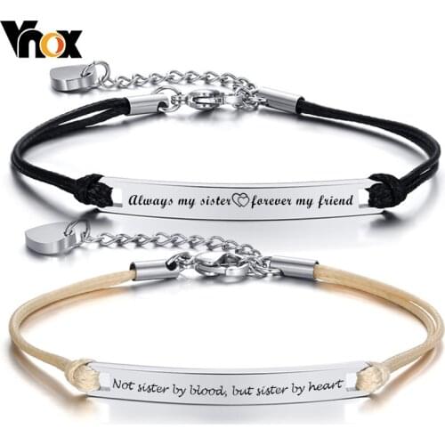 Vnox Temperament Personalized Bracelets for Women Sisters Adjustable Stainless Steel with Heart Charm Elegant BFF Jewelry Gift