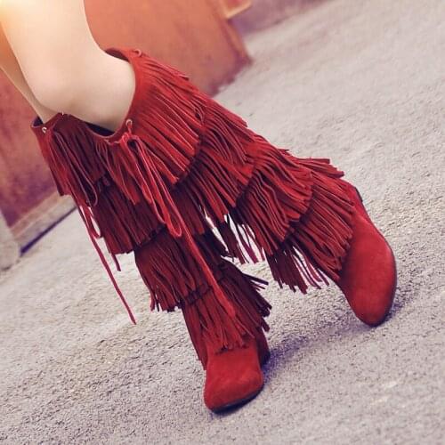 Women Spring Autumn Fringe Genuine Leather Knee High Boots Short Plush Thick Warm Wedge High Heels Snow Long Boots 20161220