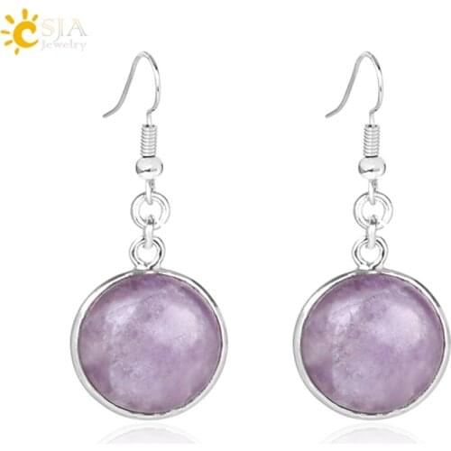 CSJA Women Natural Round Gem Stone Drop Earrings Lapis Lazuli Opal White Crystal Black Onyx Beads Healing Earring Jewellery E582