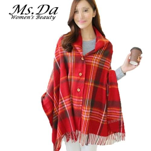 2018 New Plaid Shawl Print Vintage Knitwear Women Sweater Tops Batwing Sleeve Plus Size Shawl Cape Cardigan Tunic Red,Blue,Khaki