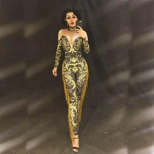 Dj Yellow Tassel Totem Women Sexy Jumpsuit Stage Wear Singer Dancer Cosutme Nightclub Party Show Bodysuit Celebrate Clothing