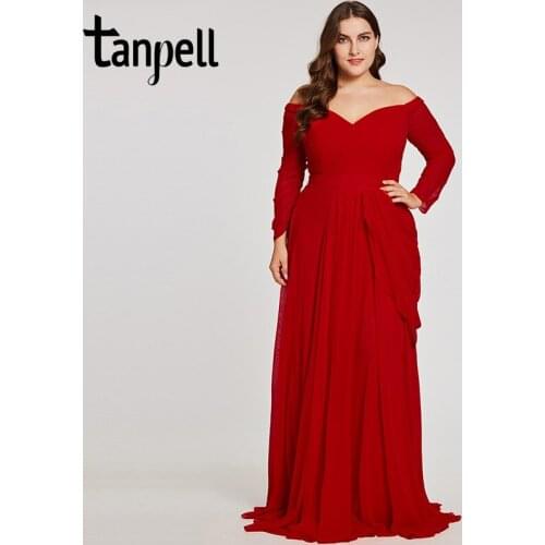 Tanpell off the shoulder evening dress red 3/4 length sleeves a line gown women pleated floor length formal plus evening dresses