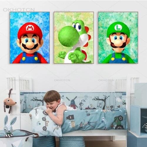 Watercolor Cartoon Posters Gaming Art Prints Boy Gift Classic Video Game Mario Canvas Painting Wall Art Picture for Kids Room