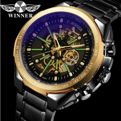 WINNER Automatic Mechanical Men Wristwatch Military Sport Male Clock Top Brand Luxury Gold Skeleton Fashion Man Watch 8194