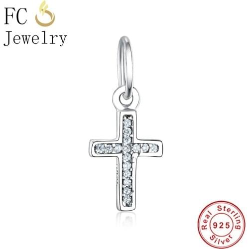 FC Jewelry Fit Original Brand Charm Bracelet Necklace 925 Silver Cross Zircon Crucifix Reflexions Bead Pendant Making Berloque