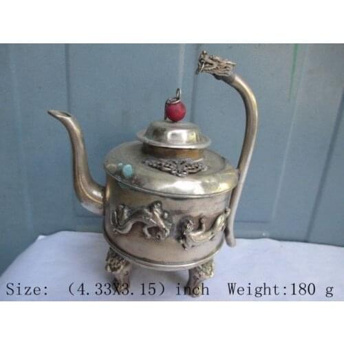 Exquisite ancient Chinese antique white copper dragon statue teapot