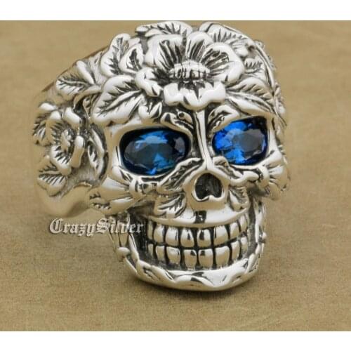 925 Sterling Silver Flower Skull CZ Eyes Mens Biker Rocker Punk Ring 9WX05 US Size 7~15