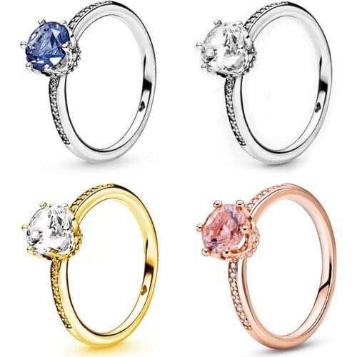 925 кольцо Silver Pan Ring Blue Sparkle Crown With Large Crystal Cz Pan Ring For Women Wedding Party Fashion Jewelry
