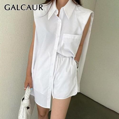 GALCAUR Loose Two Piece Set For Women Lapel Collar Sleeveless Single Breasted Shirts High Waist Shorts Pants Striped Sets Female