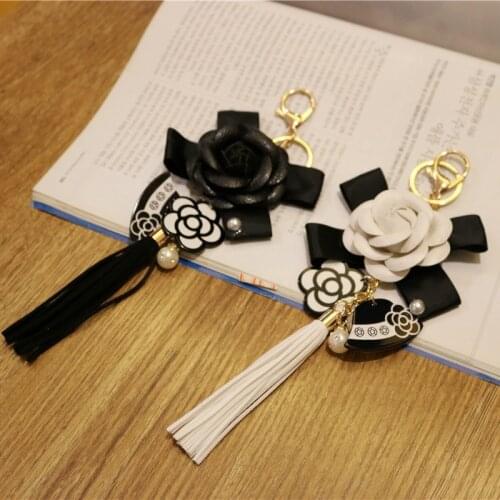 Korean Version Of PU Leather Tassel Keychain Camellia Bag Pendant Car Key Ring Mobile Phone Shell Decoration