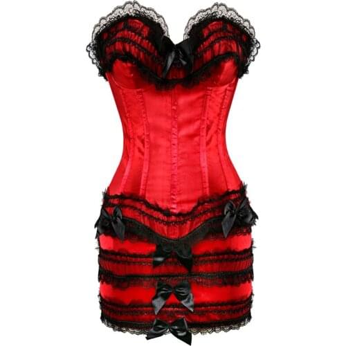 Red White Sexy Stripe Overbust Corset and mini Skirt Christmas Lingerie and Dress Lace up Boned Waist cincher Bustier S-6XL