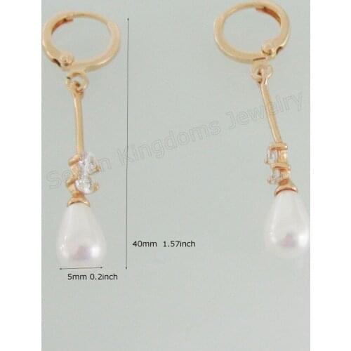 MIN ORDER 10$/ZIRCON STONE SIMULATED PEARL WATER DROP DANGLE - YELLOW GOLD GP EARRING TALL 40MM 1.57"/COLOR IS A LITTLE RED