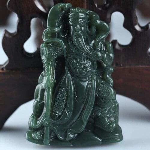 Natural Hetian Carving Guan Gong Amulet Jade Pendant Necklace Lucky Brave Men