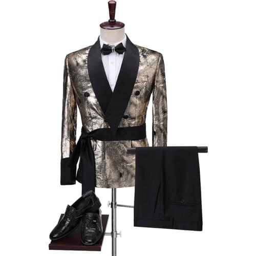 Latest Coat Pant Designs 2020 Slim Shiny Silver Smoking Jacket Italian Tuxedo Dress Double Breasted Men Suits For Wedding Groom