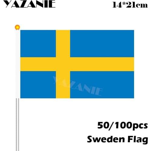 YAZANIE 14*21cm 50/100pcs Sweden Hand Flag Swedish All Countries Wave Flying Small National Flag with Plastic Pole Wholesale