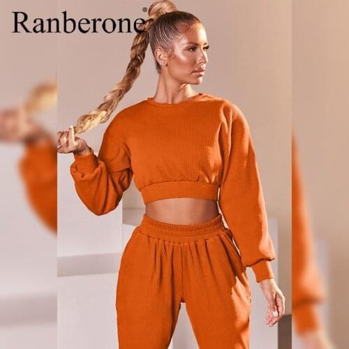 Ranberone Hot Two Piece Set Womens Tracksuit Long-Sleeved Casual Knitting Top Pocket Long Sweatpants Fitness Sport Suit Female