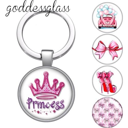 Pink Style Ribbon Princess Girls Gift glass cabochon keychain Bag Car key chain Ring Holder Charms keychains gift