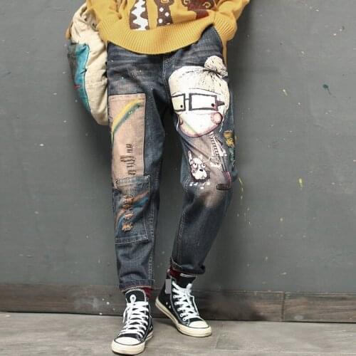 Elastic Waist Loose Womens Pants Old Color Retro Patch Cartoon Pattern Denim Pants 2021 Spring And Summer Fashion Denim