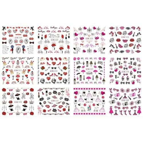 UPRETTEGO 12 PACK/ LOT WATER DECAL NAIL ART NAIL STICKER FULL COVER CARTOON HEART KISS LIPS LOVE VALENTINES DAY BN1069-1080
