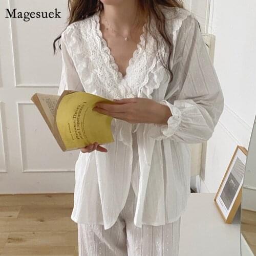 2021 Spring V-neck Palace Style Lace Top Korean Pajamas Women White Blouse Pajama Cotton Sweet Pajamas Sets Home Clothes 13817