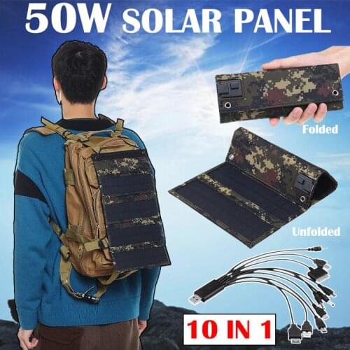 50W 5V Solar Panel Foldable Portable Hook Waterproof Emergency Charger Solar Cells with 10 In1 USB Cable for Phone Camping